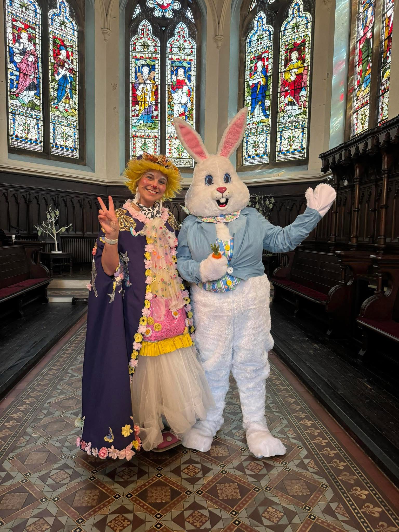 Louby Lou the clown and the Easter Bunny at Monton Unitarian Church